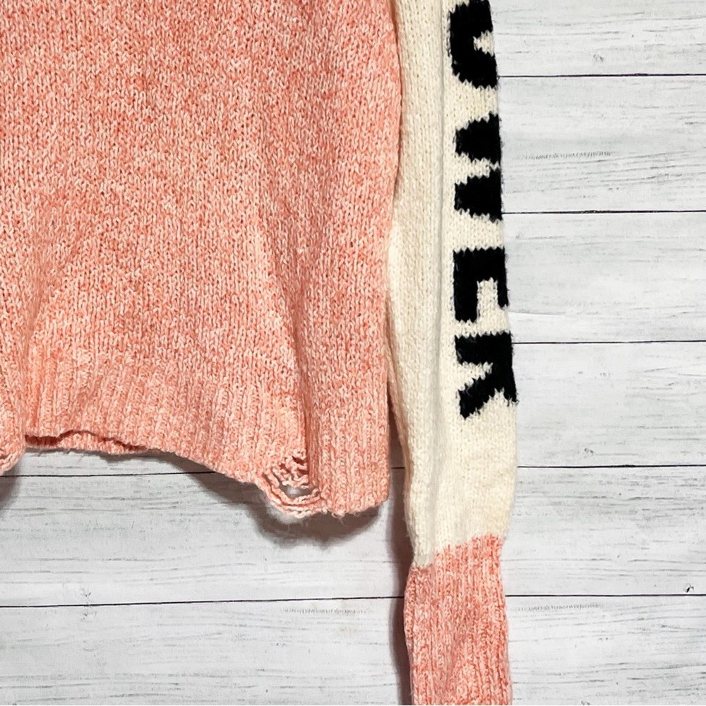 Wildfox Girl Power Pink Knit Sweater Distressed Graphic Pullover Medium - Picture 6 of 9